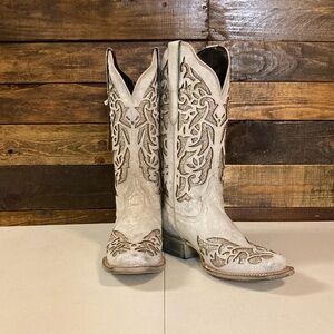 J.B Dillon Square Toe White Sequin Cowboy Boots Size 8